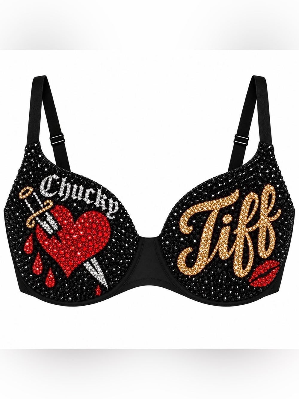 38C Tiffany Horror Black Red & White Design Rhinestone Crystal Glam Bra New